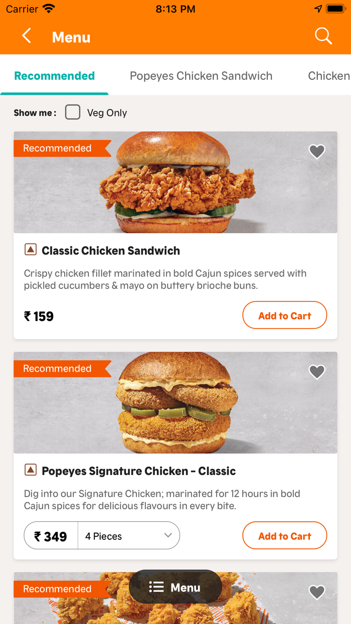 Popeyes India Food Delivery