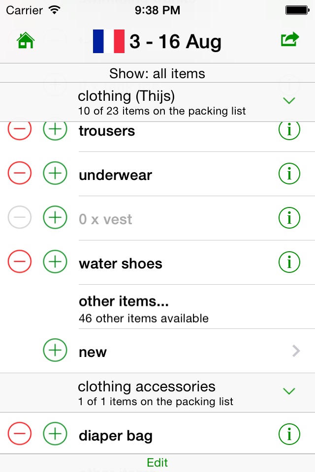 GetPacked: packing list screenshot 2