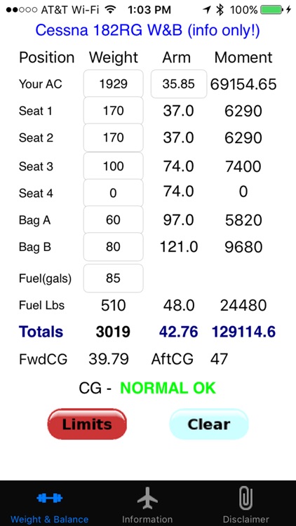 Cessna 182RG (Cessna R182) Weight and Balance C...