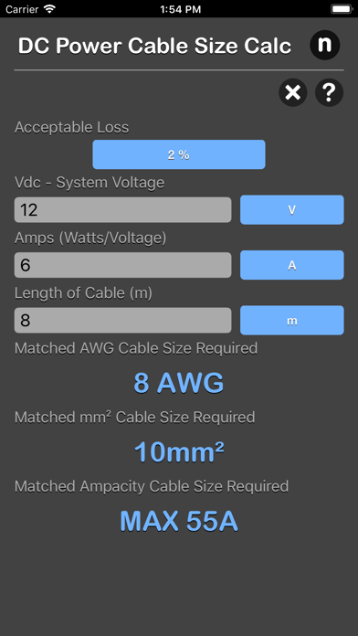 DC Power Cable Size Calc Screenshot 1