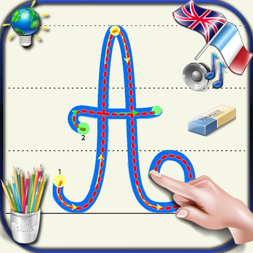 Learn to write cursive letters of the alphabet in upper and lower case with the sounds in English and French - basics for kids icon
