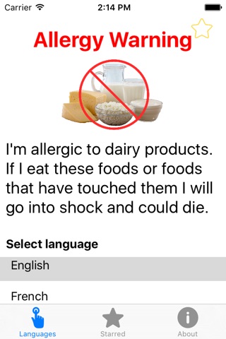 Dairy Allergy Translation Card screenshot 2