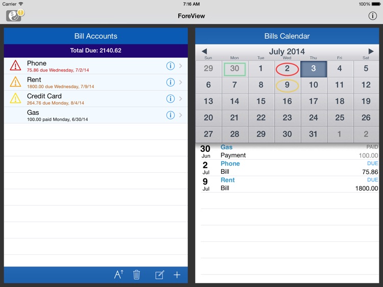 ForeView for iPad:To Do + Bills Tracker