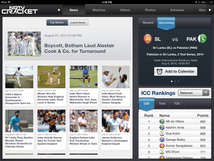 NDTV Cricket for iPad
