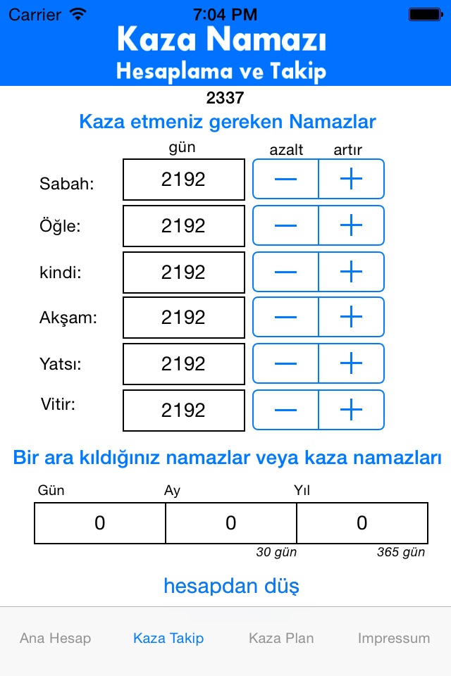 Kaza Namazı Hesaplama ve Takip screenshot 2