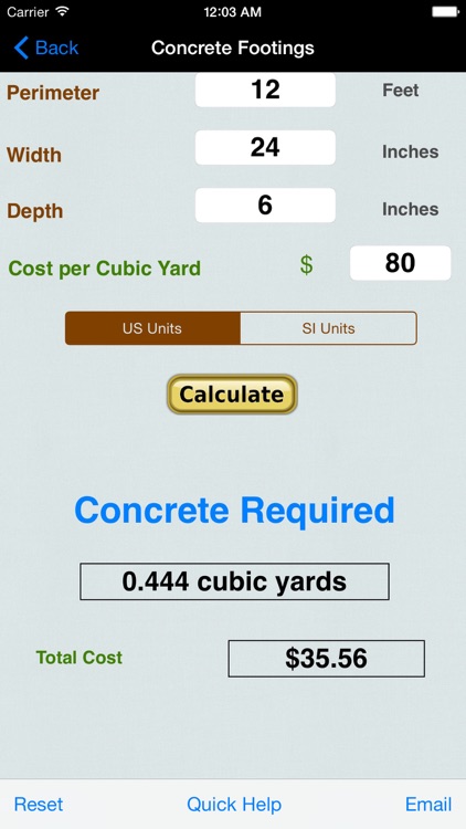 Concrete Bags, Footings, Rectangle, & Sono Tube Calculator with Volume from Rainfall Calc