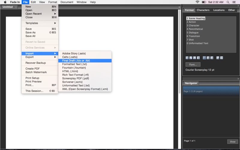 celtx script format settings