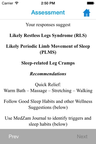 MedZam Restless Leg & Limb checker for symptoms of RLS includes wellness education to help identify causes, seek treatment and achieve relief while capturing history in a free journal screenshot 2