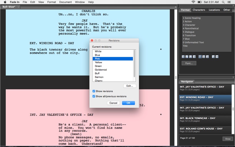 work flow in fadein screenwriter software compared to