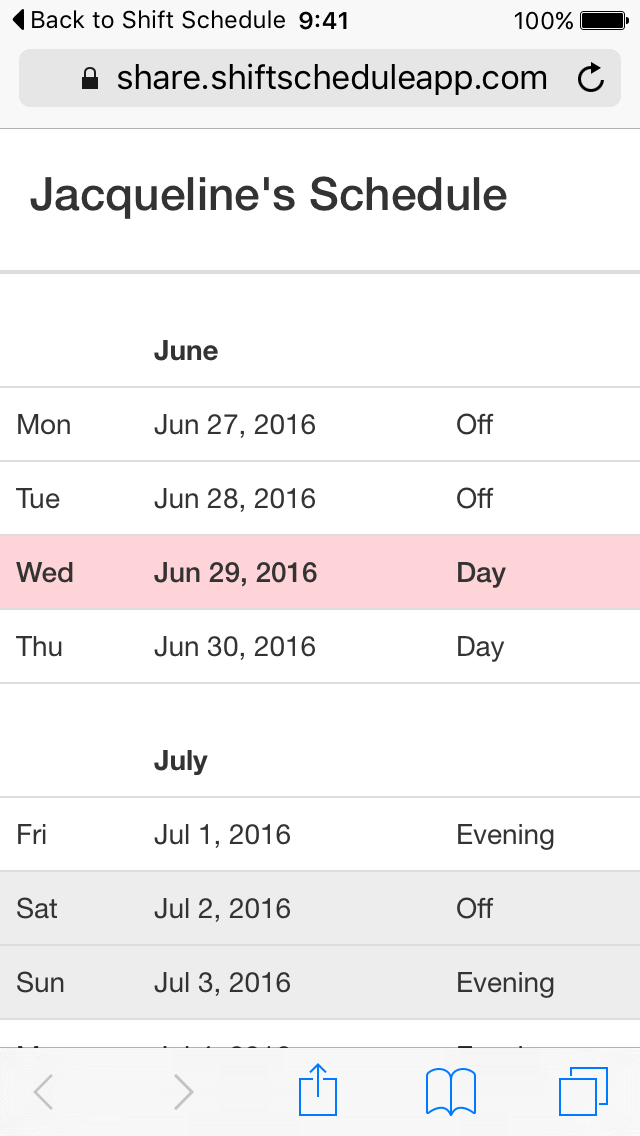 Shift Schedule - Type and Share Your Schedule
