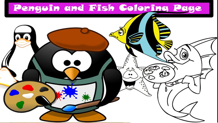 Paint Penguin and Fish Coloring Page for Funny Kids