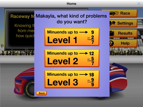 RE@L Raceway Math: Subtraction Facts screenshot 2