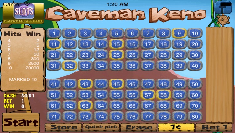 Caveman Keno Payout Chart