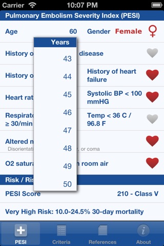 Pulmonary Embolism Severity Index (PESI) screenshot 2