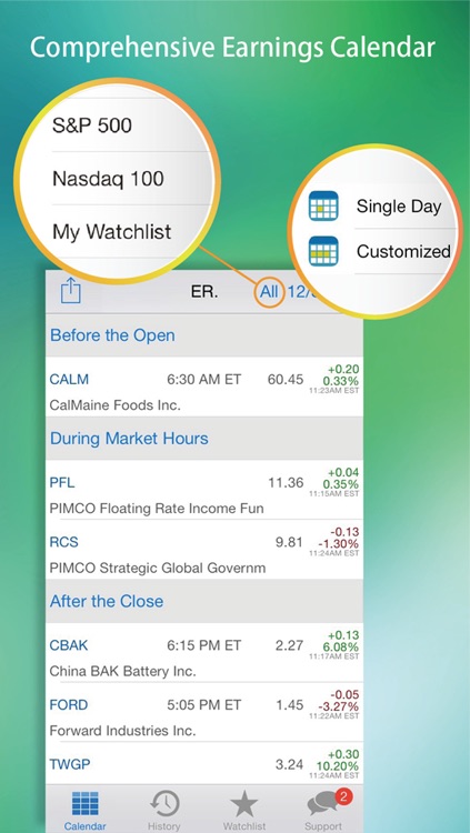 Earnings : Calendar, History, Reminder, Watch list with Next Earning Date & Real-Time Stock Quote, Chart, News, Insider Transactions.