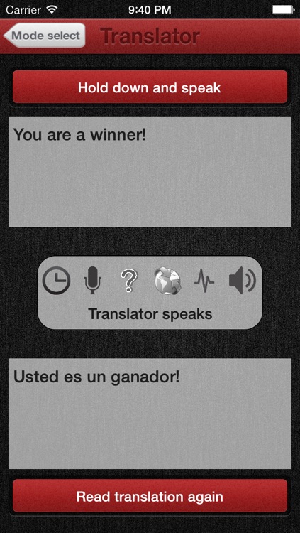Vocal Translate - does recognize speech as you talk and reads live translations from a sophisticated dictionary for 30 languages like Spanish English Chinese German French Danish Japanese Danish Polish Catalan Portuguese Czech Dutch Romanian Greek