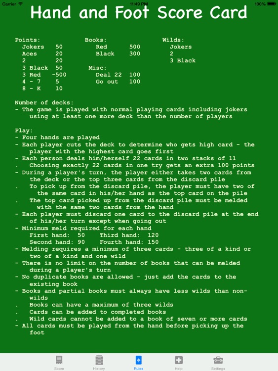 Hand and Foot Score Card