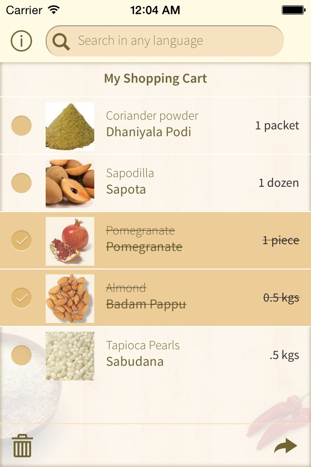 DesiGro - Indian Grocery names in multiple languages. Convert, translate, share and create desi shopping lists screenshot 2