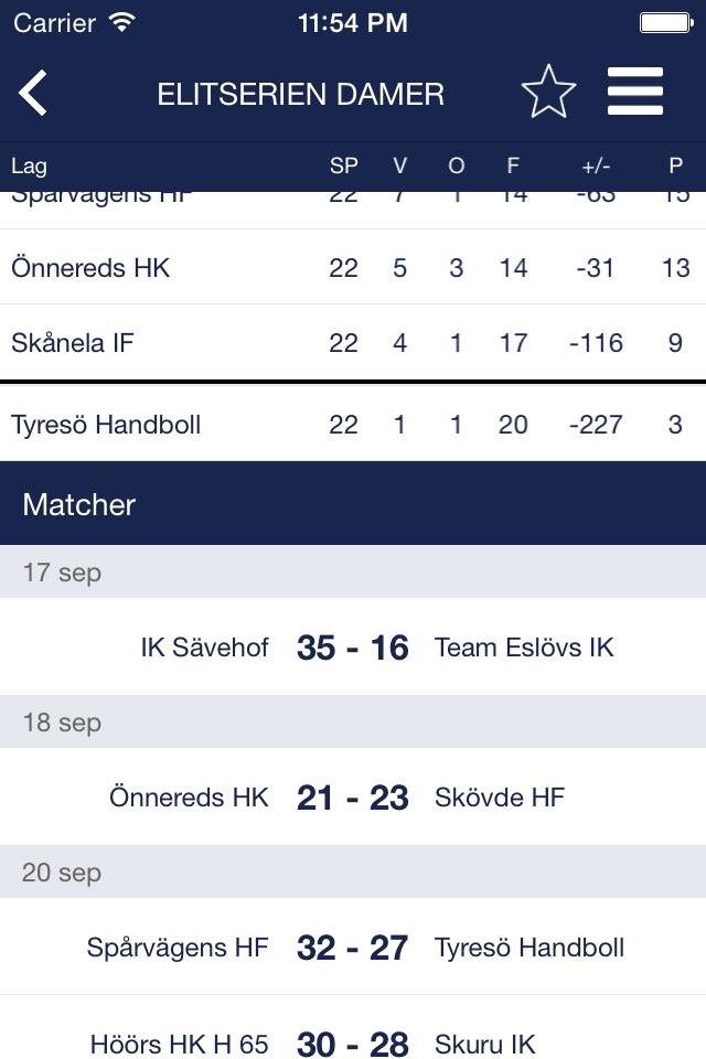 Handbollsresultat screenshot 2