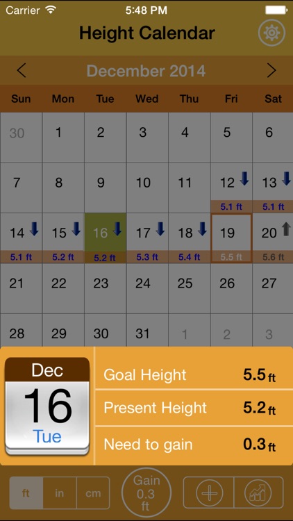 Height Tracking Calendar - Track your daily, weekly, monthly, yearly height and set personal goals