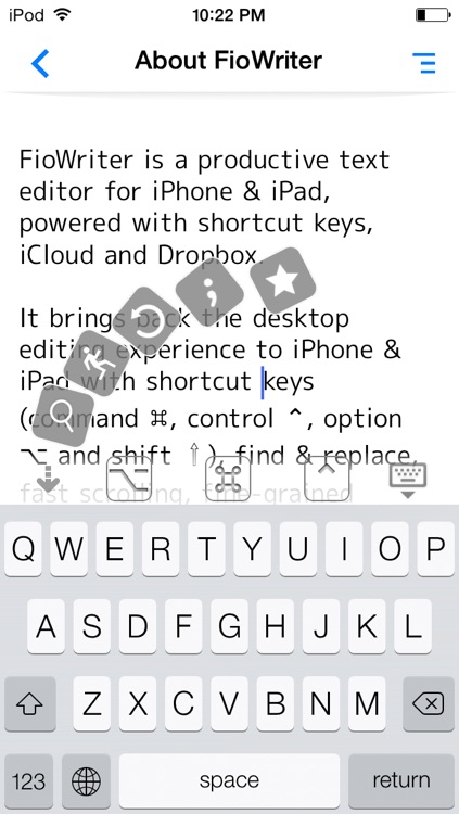 FioWriter Lite - Productive text editor for iPhone & iPad with command keys and cloud sync