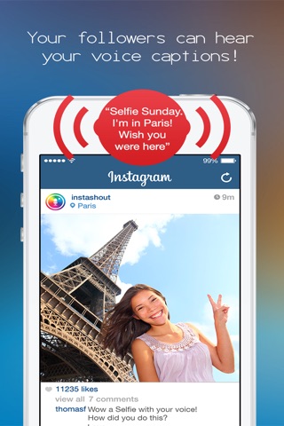 InstaShout – Add recorded voice comments, narration & voiceover to yr IG and FB photo pic posts! screenshot 2