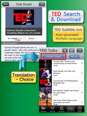 AVDic Player for iPad  ( ALL-IN-1 Language Learning.. with.. subtitles/txt/pdf reader, mp3/movies/music player, ted talks, vocabulary, free ted live music download, english dictionary & translator for spanish,french,chinese, etc. Learn english ! ) screenshot 2