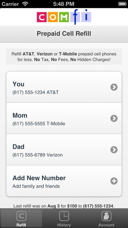 Comfi Refill Prepaid Cell Phone Airtime Minutes