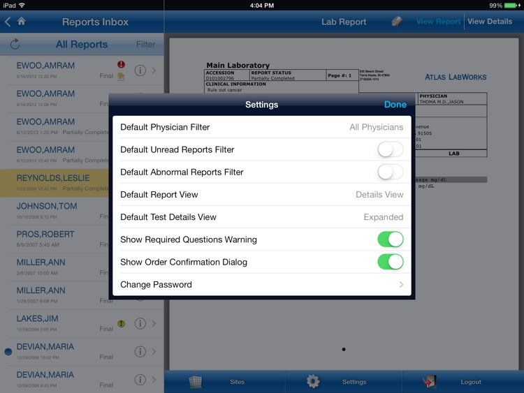 LabWorks Physician Portal for the iPad