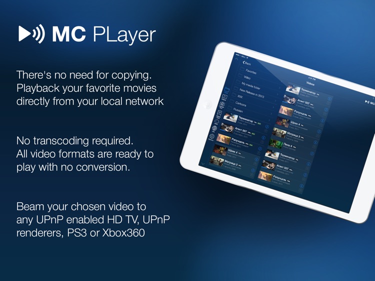 MCPlayer HD Lite wireless video player for iPad to play movies without conversion