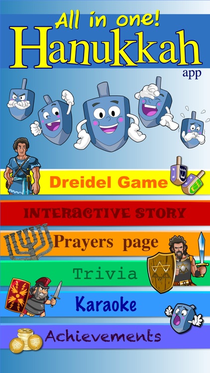 Hanukkah story, Hebrew songs music, Jewish holidays prayers trivia, kids Dreidel game Judaism
