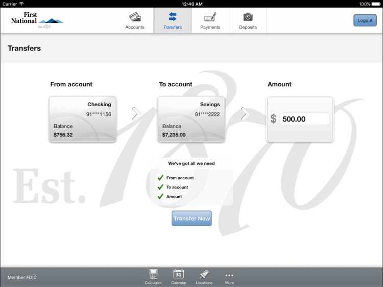 First National 1870 Tablet Banking screenshot-3