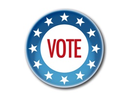 The button list includes classics like I Voted Today, Vote Trump, Vote Clinton, RNC Elephant, DNC Donkey, Vote for Me, Bill for First Gentleman, and many more