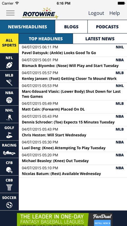 RotoWire.com Fantasy News Center
