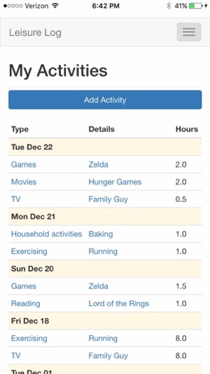 Leisure Log - Activity Tracker