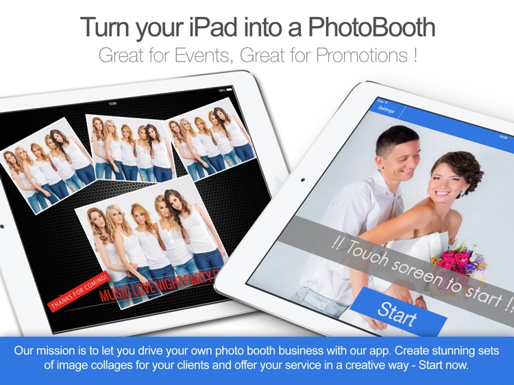 OneTap PhotoBox - professionel photo booth app - design, share and print collages, backgrounds, borders. Ideal for weddings and events