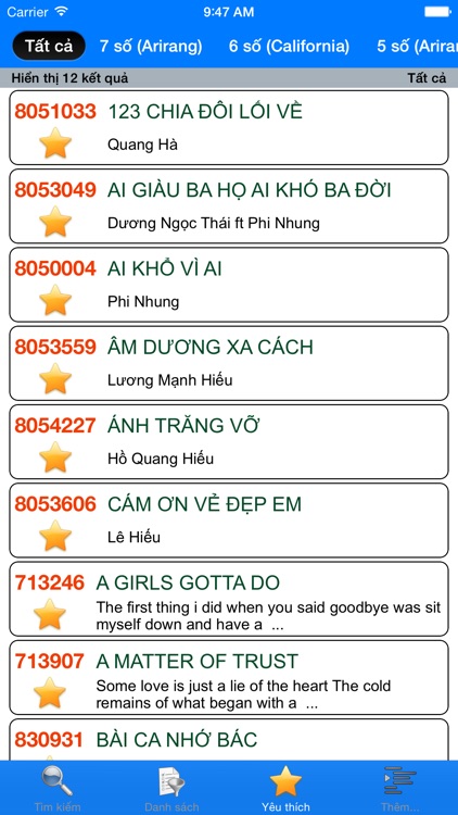 VNKaraoke Pro - Tra cứu mã số karaoke 7, 6, 5 số Arirang, MusicCore, ViTek, Sơn Ca, Việt KTV screenshot-4