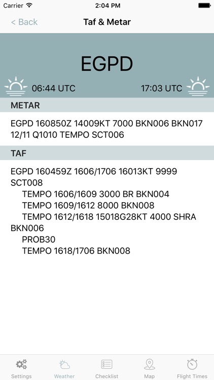 in Flight. Pilot's checklist, weather, flightTimer