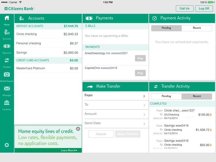 Citizens Bank Mobile Banking for iPad