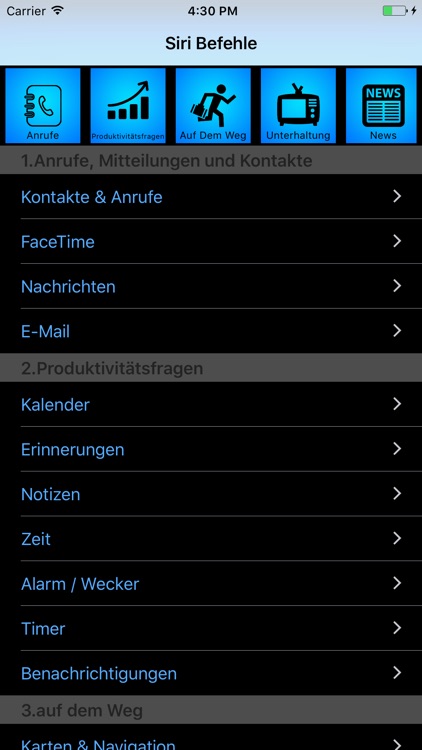 Befehlsliste für Siri