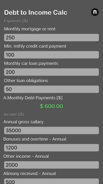 Debt 2 Income Calculator