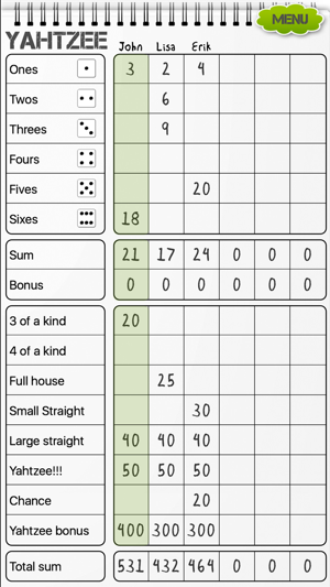 DICY, Scoresheet for the YAHTZEE® game