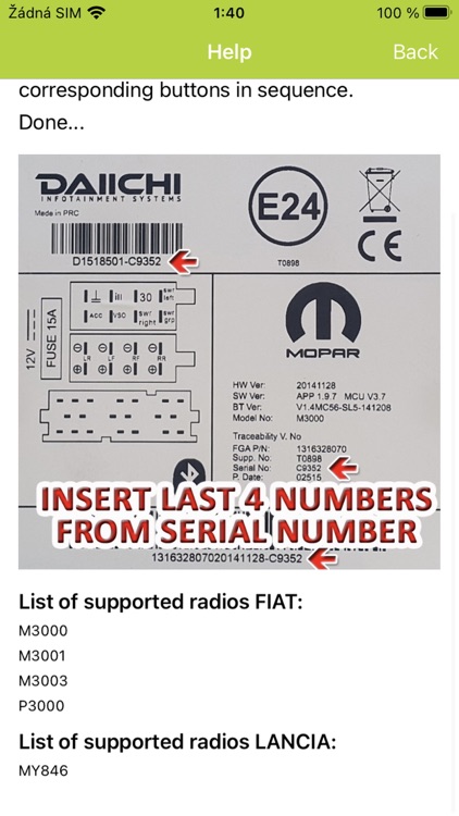 RADIO CODE for FIAT DAIICHI