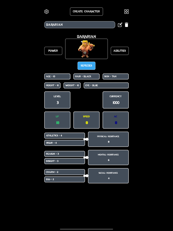 Infinite RPG Character Sheet