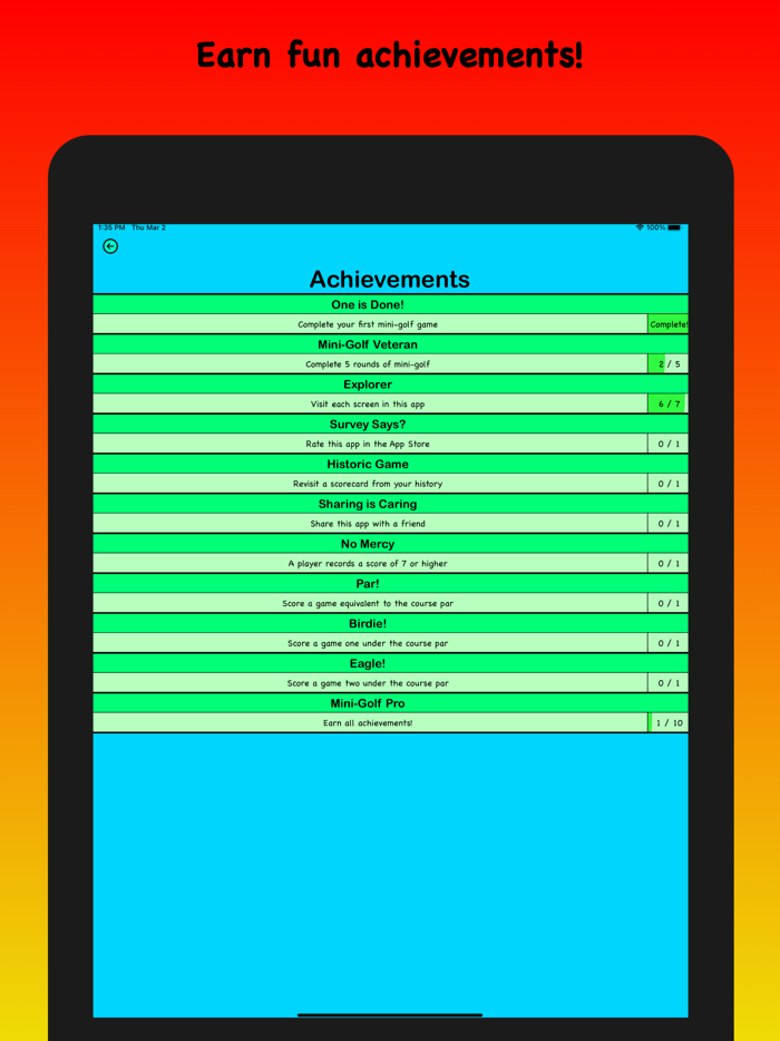 Pellys Mini Golf Scorecard