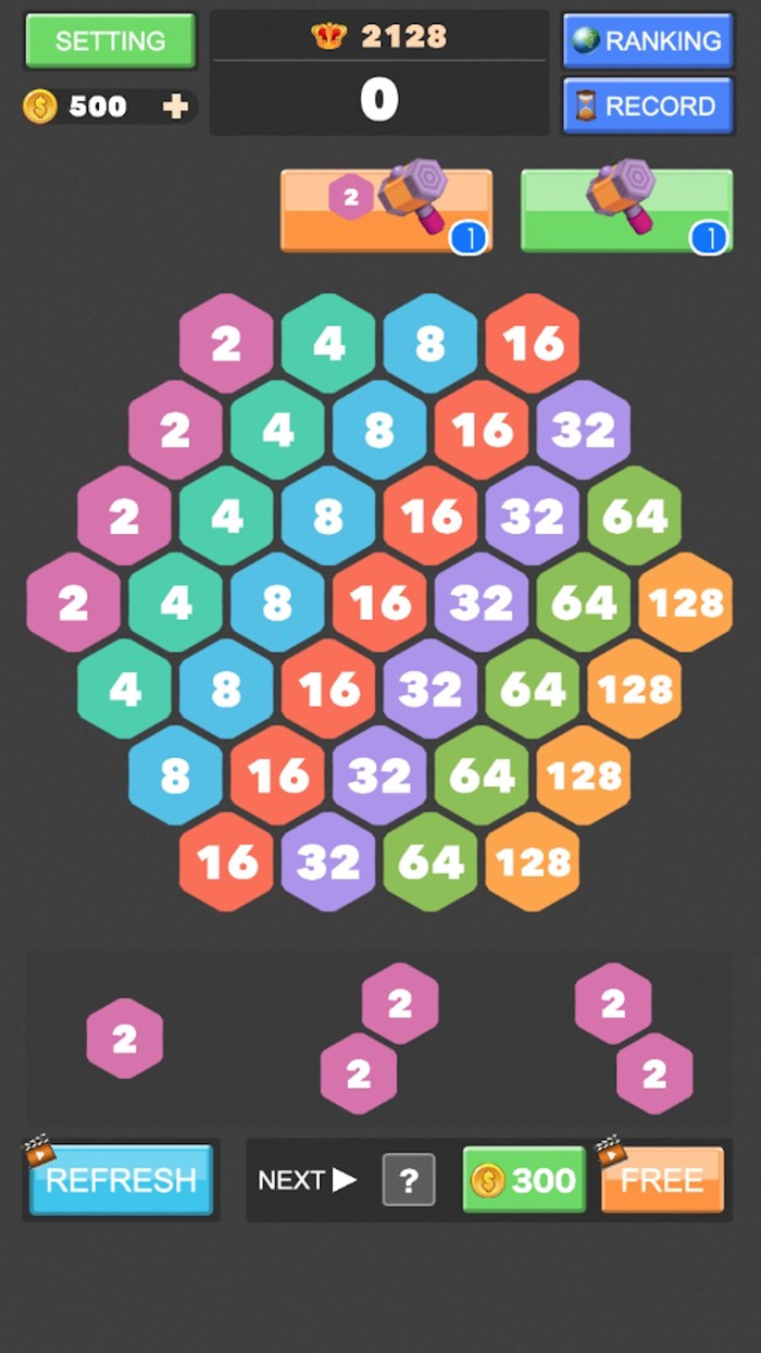 2048 Hexagon Number Puzzle