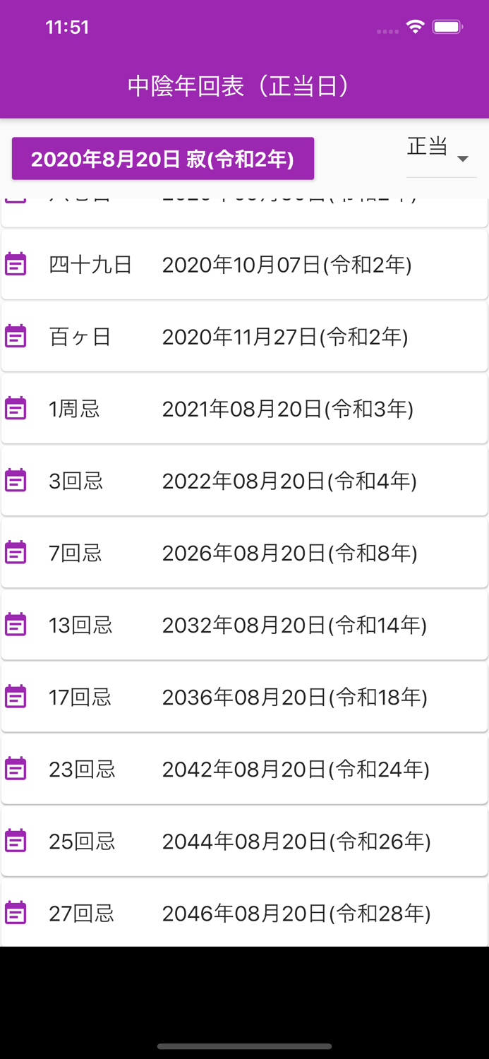 中陰年回・法要日程 早見表