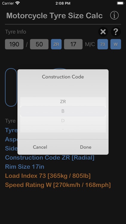 Motorcycle Tyre Size Calc