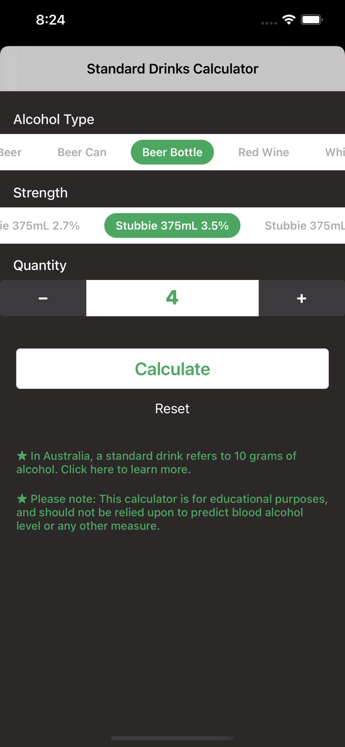 Standard Drinks Calculator